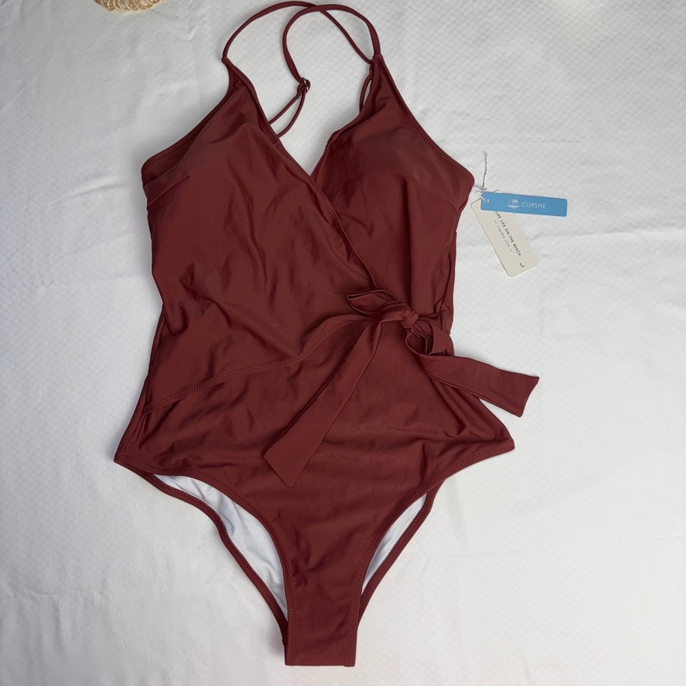Cupshe Burgundy Wrap Front Side Tie One Piece Swimsuit Womens Large New